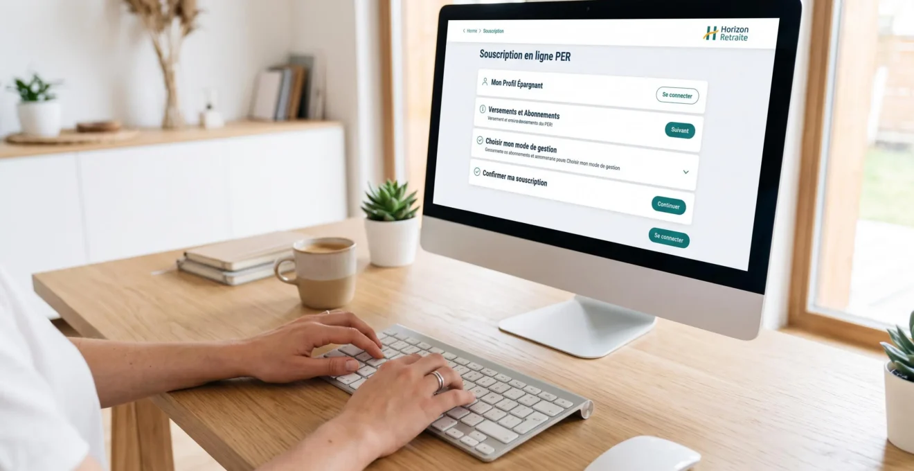 Interface de souscription en ligne d'épargne retraite affichée sur écran d'ordinateur avec des mains utilisant le clavier
