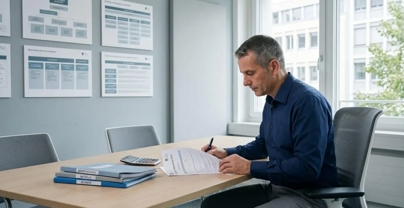 Un sous-officier français en civil signant un contrat d'épargne retraite dans un bureau de mutuelle militaire, avec des documents administratifs sur la table