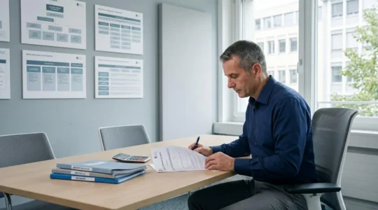 Un sous-officier français en civil signant un contrat d'épargne retraite dans un bureau de mutuelle militaire, avec des documents administratifs sur la table
